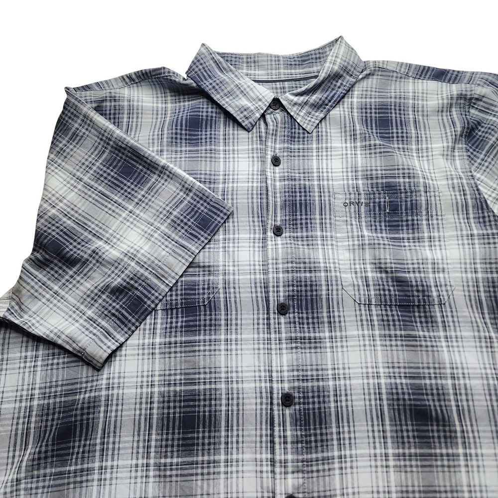 Orvis Mens XXL Short Sleeve Plaid Button Down Shirt Blue White Polyester Outdoor